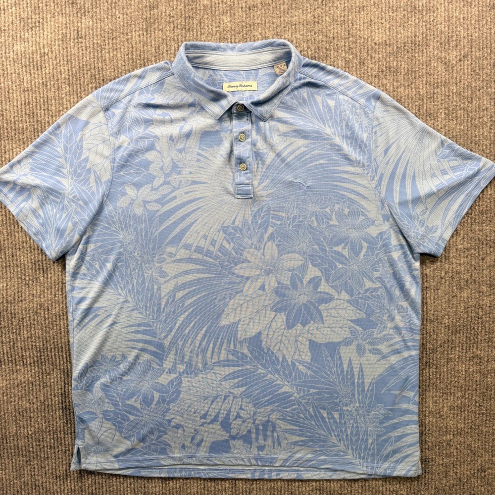 Tommy Bahama Mens XXL Blue Tropical Floral Palm Print Short Sleeve Polo Shirt - Picture 2 of 9